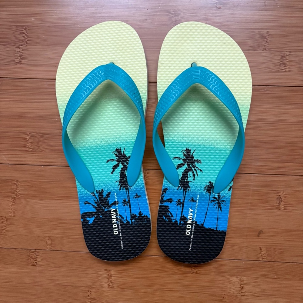Old Navy Unisex Flip Flops Teal Yellow Palm Tree Ombre Synthetic Size 5/6